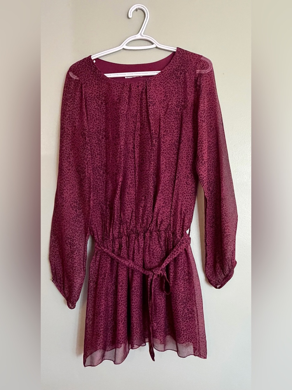 100% Silk Leopard Dress Made in Italy Sheer Long Sleeve Burgundy Mob Wife S